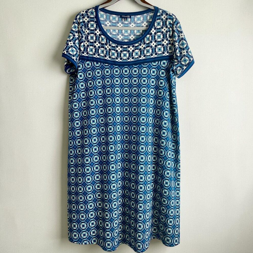 Max Edition Dress 1X Plus Blue Geometric Boho Stretch Shift TShirt 70's Retro